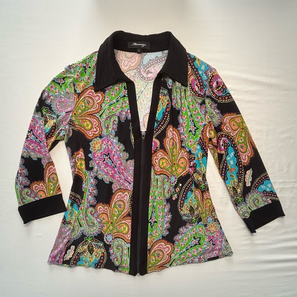Mesmerize Women’s 3/4 Sleeve Multicolor Paisley Zip-Up Collared Blouse Sz Large